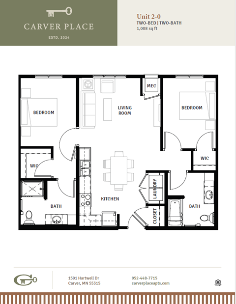Floor plan for 2 beds, 2 baths, 939 sqft